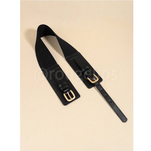 Vegan Faux Leather PU Black Belt Stretchy Back Yellow Gold Tone Buckle - Picture 8 of 9